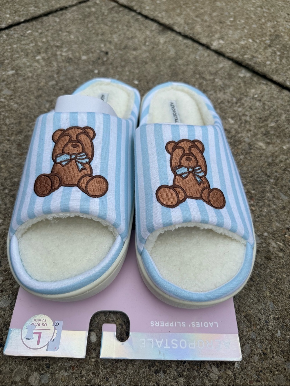 NWT Aeropostale Blue White Striped Teddy Bear Slippers Indoor Outdoor Sole Large